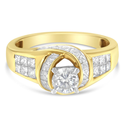 14K Two-Toned Gold Round, Baguette and Princess Cut Diamond Ring